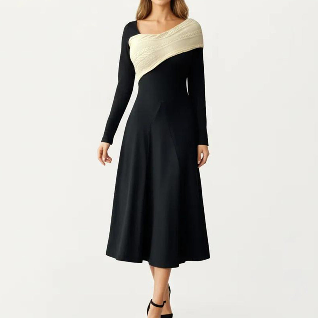 Anna-Kaci Women¡¯s Black Midi Dress with Off-Shoulder Knit Detail and Long Sleeves