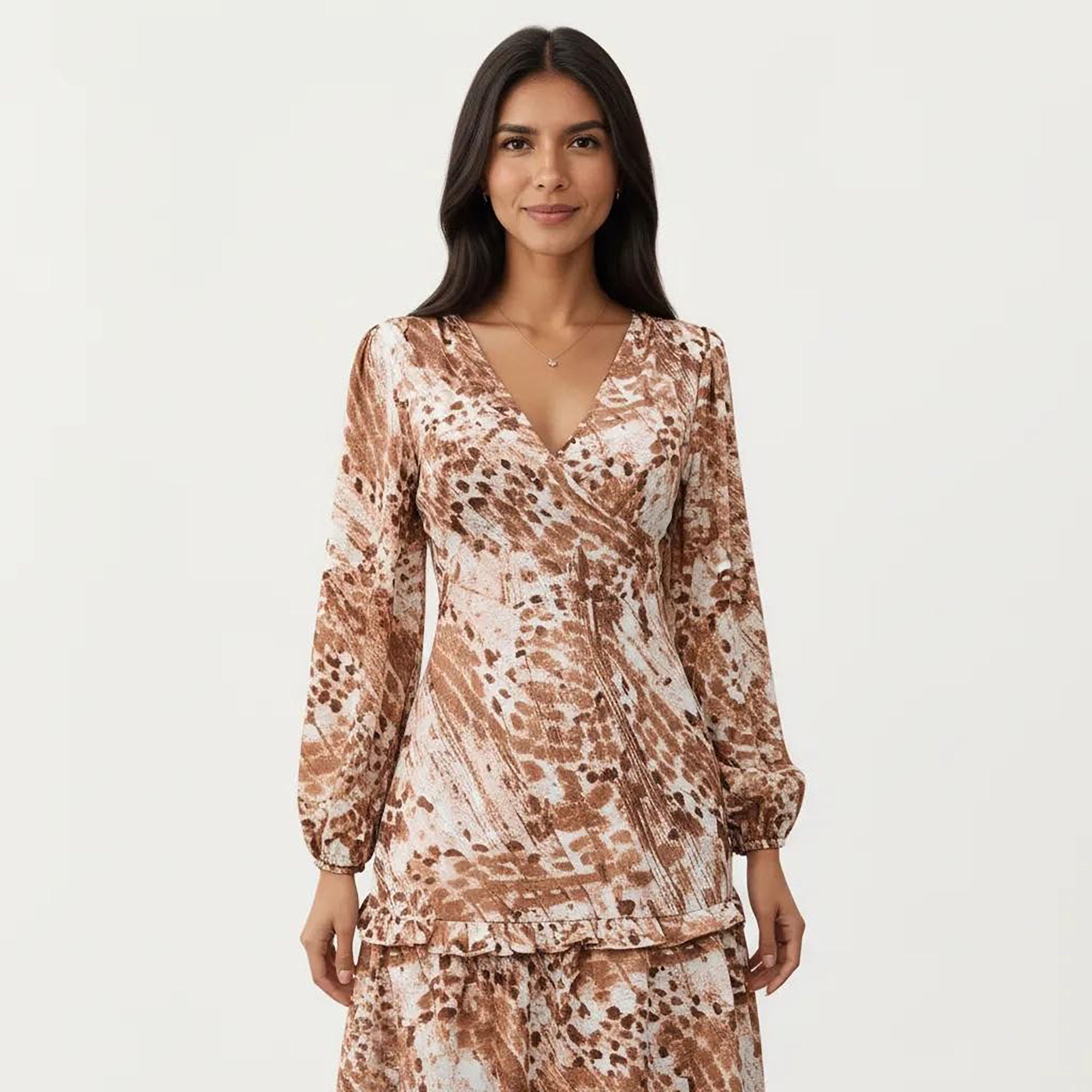 Anna-Kaci Women¡¯s Brown Animal Print Tiered Dress with Long Sleeves and V-Neckline
