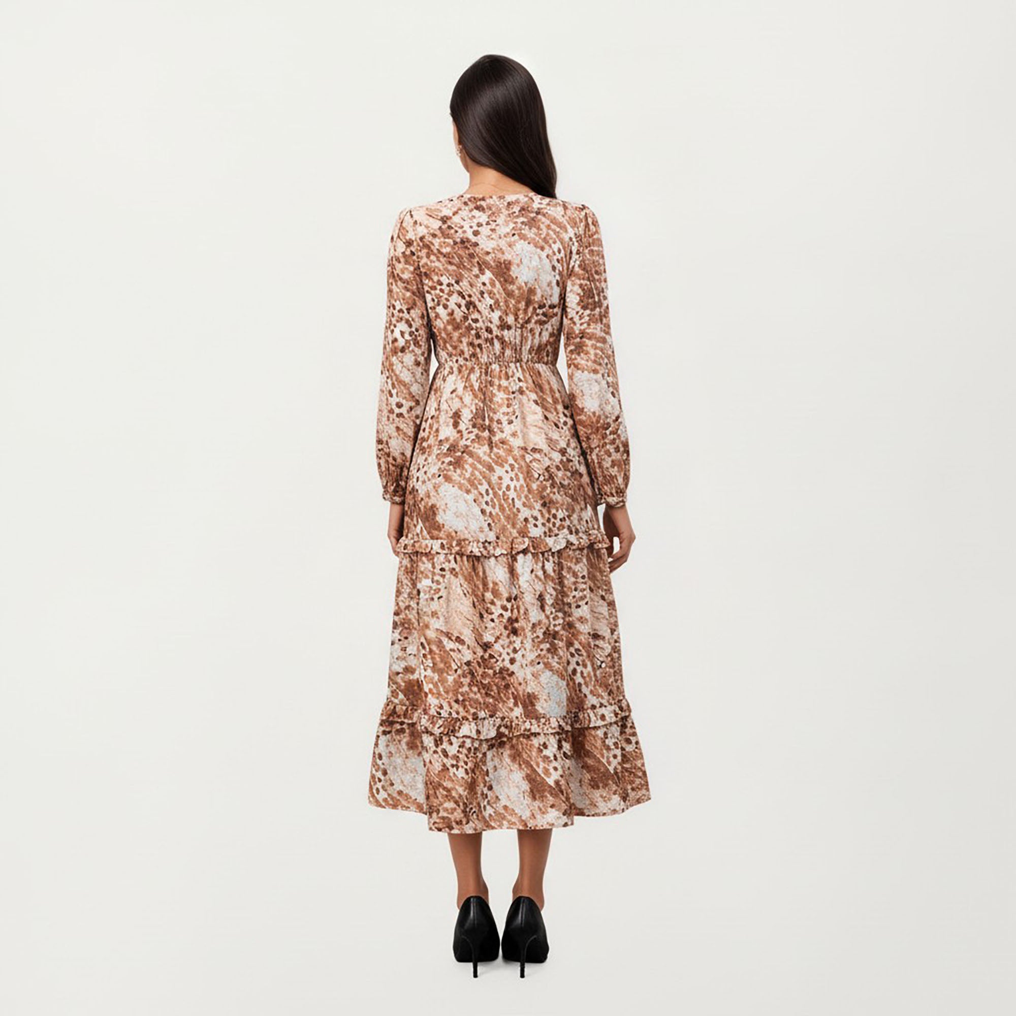 Anna-Kaci Women¡¯s Brown Animal Print Tiered Dress with Long Sleeves and V-Neckline