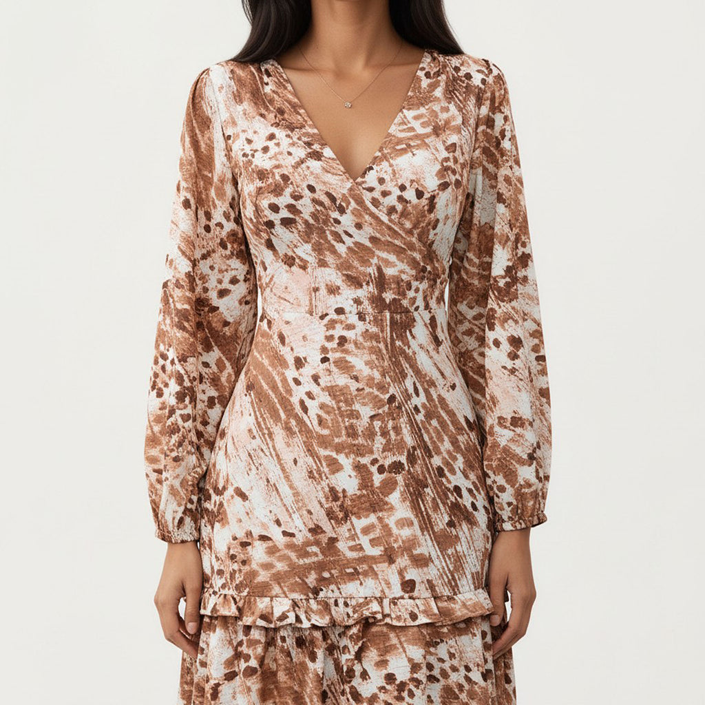 Anna-Kaci Women¡¯s Brown Animal Print Tiered Dress with Long Sleeves and V-Neckline