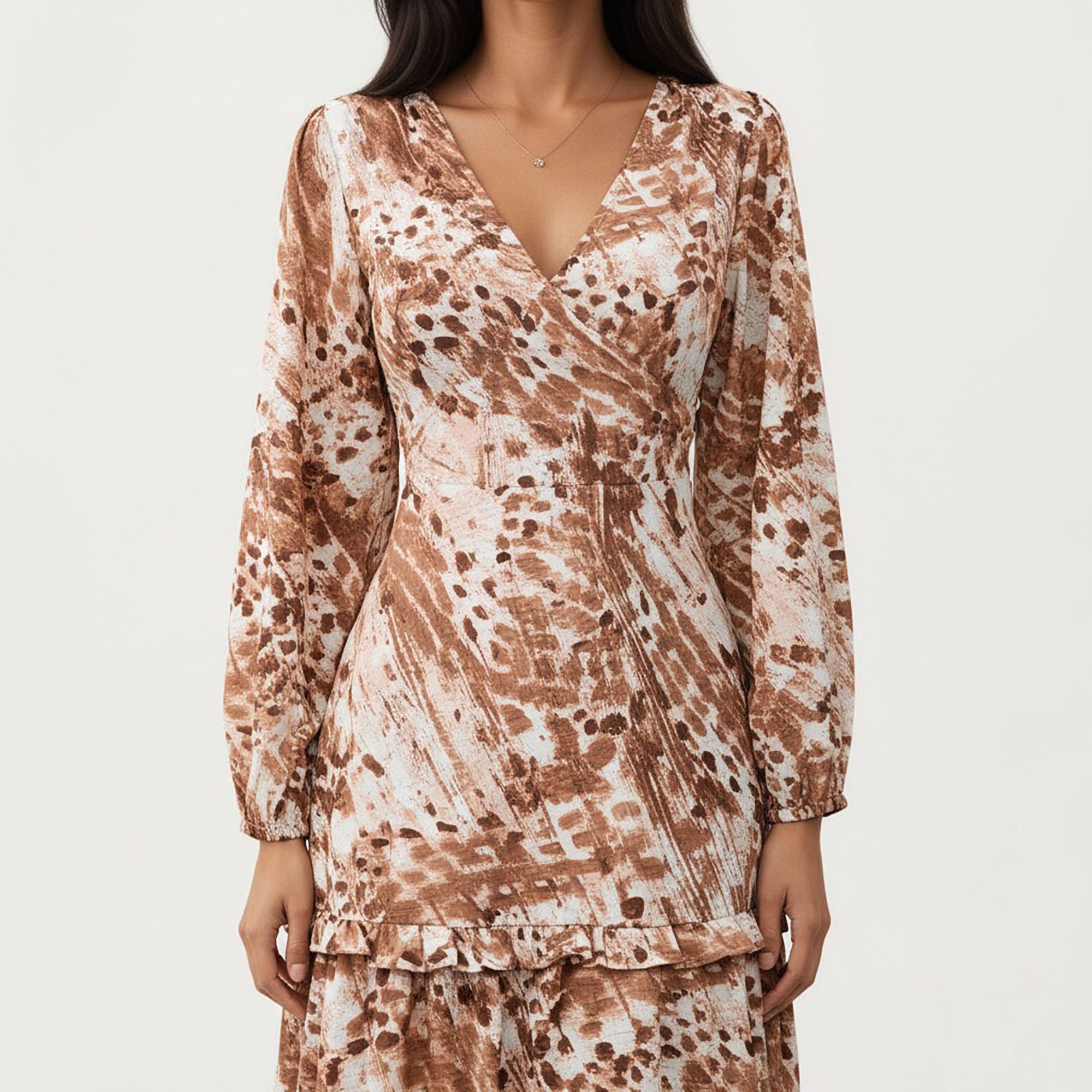 Anna-Kaci Women¡¯s Brown Animal Print Tiered Dress with Long Sleeves and V-Neckline