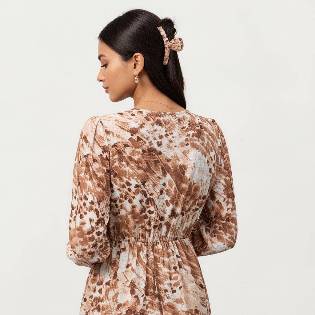 Anna-Kaci Women¡¯s Brown Animal Print Tiered Dress with Long Sleeves and V-Neckline
