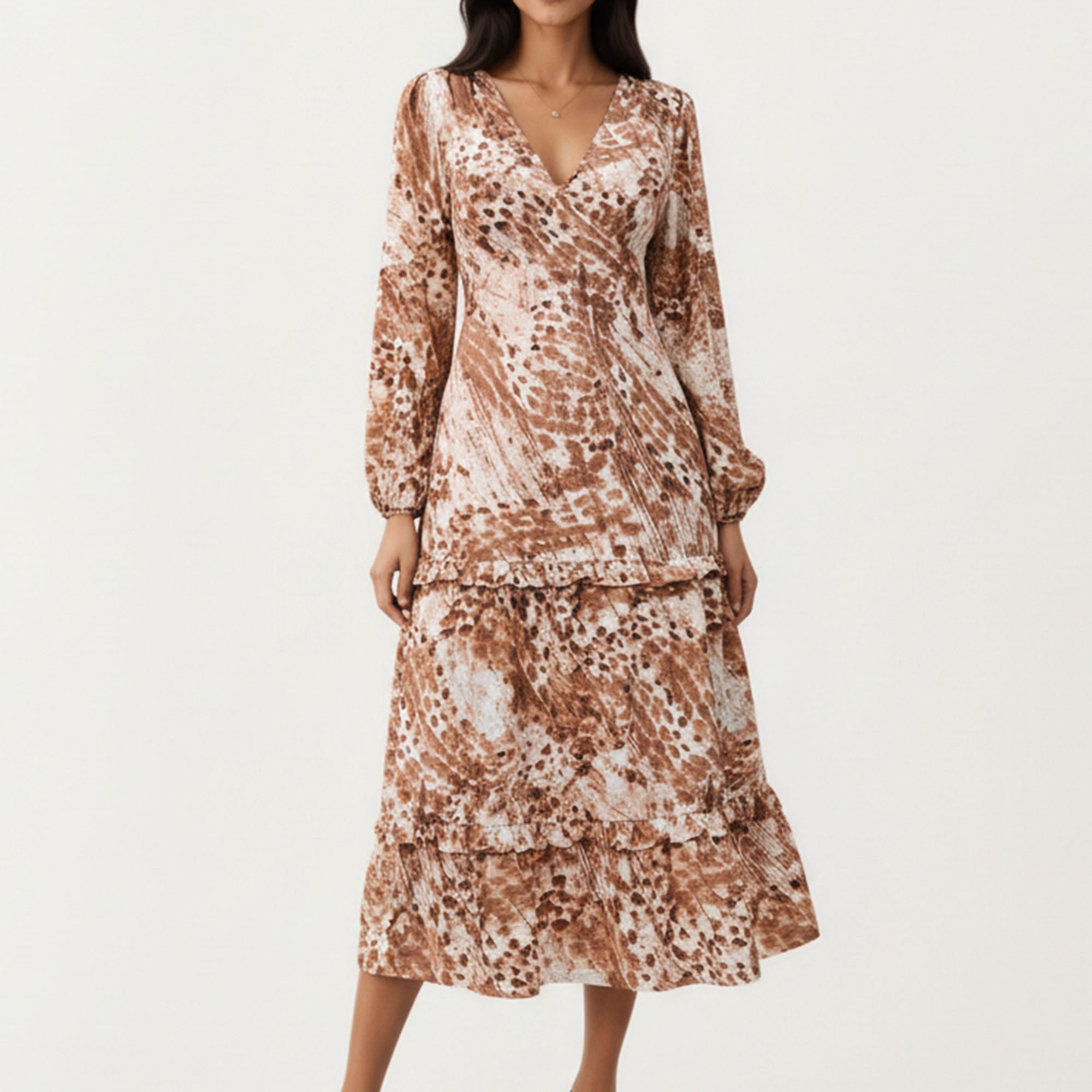 Anna-Kaci Women¡¯s Brown Animal Print Tiered Dress with Long Sleeves and V-Neckline