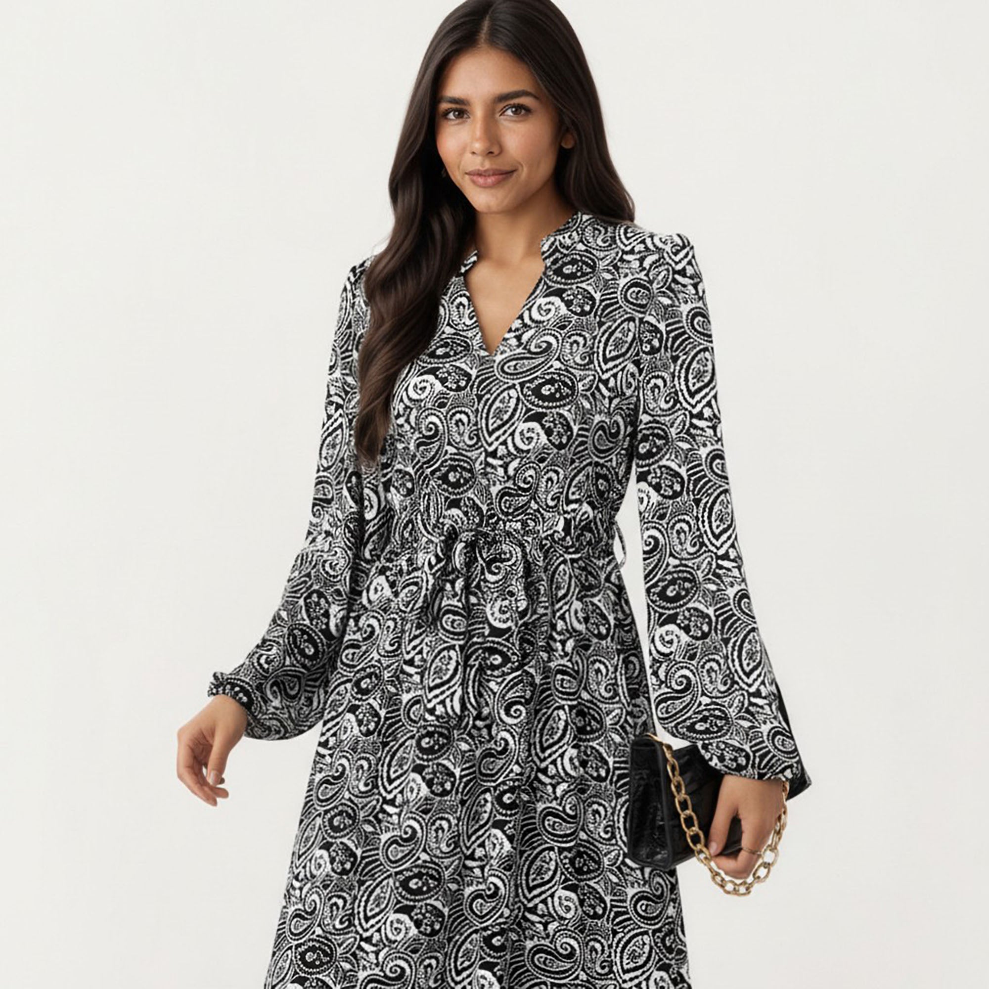 Anna-Kaci Women¡¯s Black Paisley Print Dress with Long Sleeves and V-Neckline