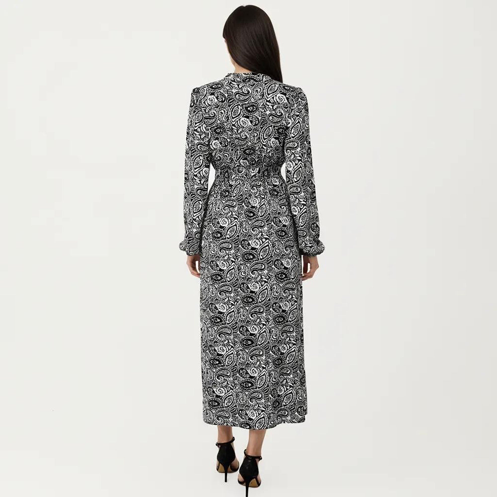 Anna-Kaci Women¡¯s Black Paisley Print Dress with Long Sleeves and V-Neckline