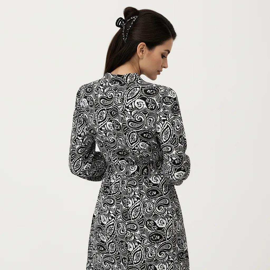 Anna-Kaci Women¡¯s Black Paisley Print Dress with Long Sleeves and V-Neckline