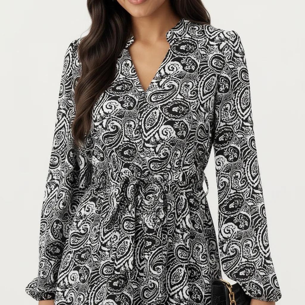 Anna-Kaci Women¡¯s Black Paisley Print Dress with Long Sleeves and V-Neckline