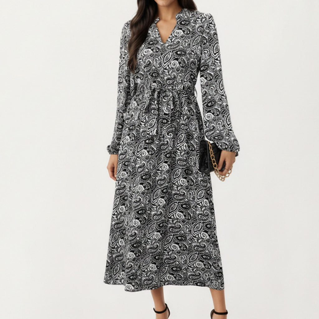 Anna-Kaci Women¡¯s Black Paisley Print Dress with Long Sleeves and V-Neckline