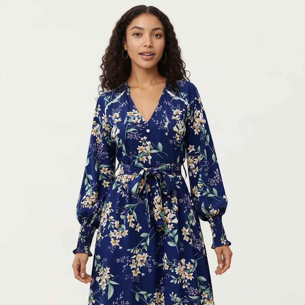 Anna-Kaci Women¡¯s Floral Print Dress with V-Neckline, Long Sleeves, and Waist Tie