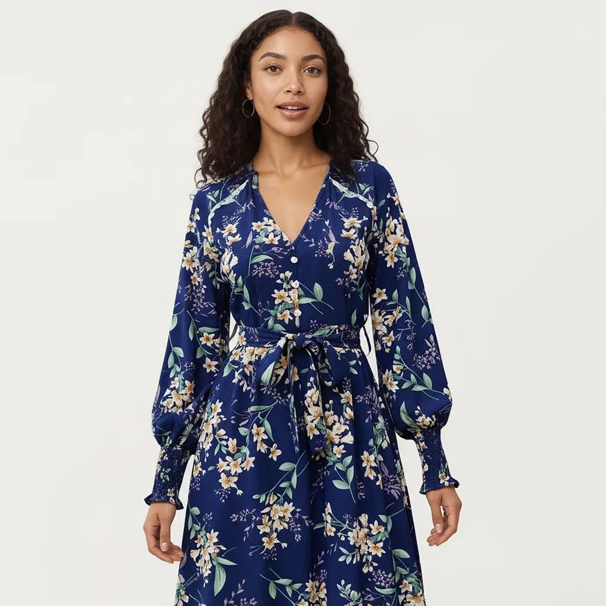 Anna-Kaci Women¡¯s Floral Print Dress with V-Neckline, Long Sleeves, and Waist Tie
