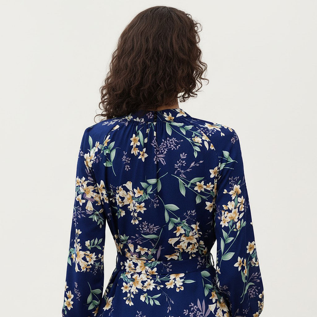 Anna-Kaci Women¡¯s Floral Print Dress with V-Neckline, Long Sleeves, and Waist Tie