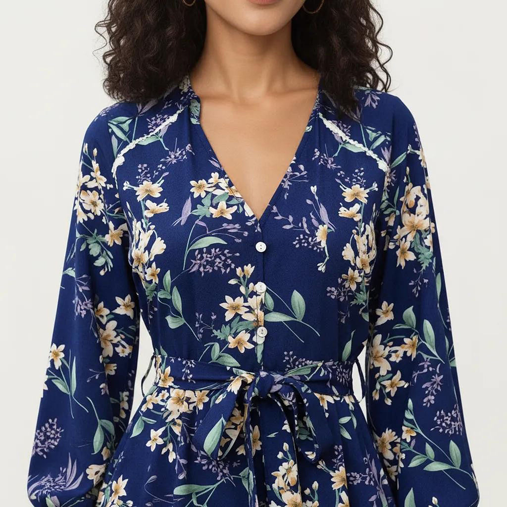 Anna-Kaci Women¡¯s Floral Print Dress with V-Neckline, Long Sleeves, and Waist Tie