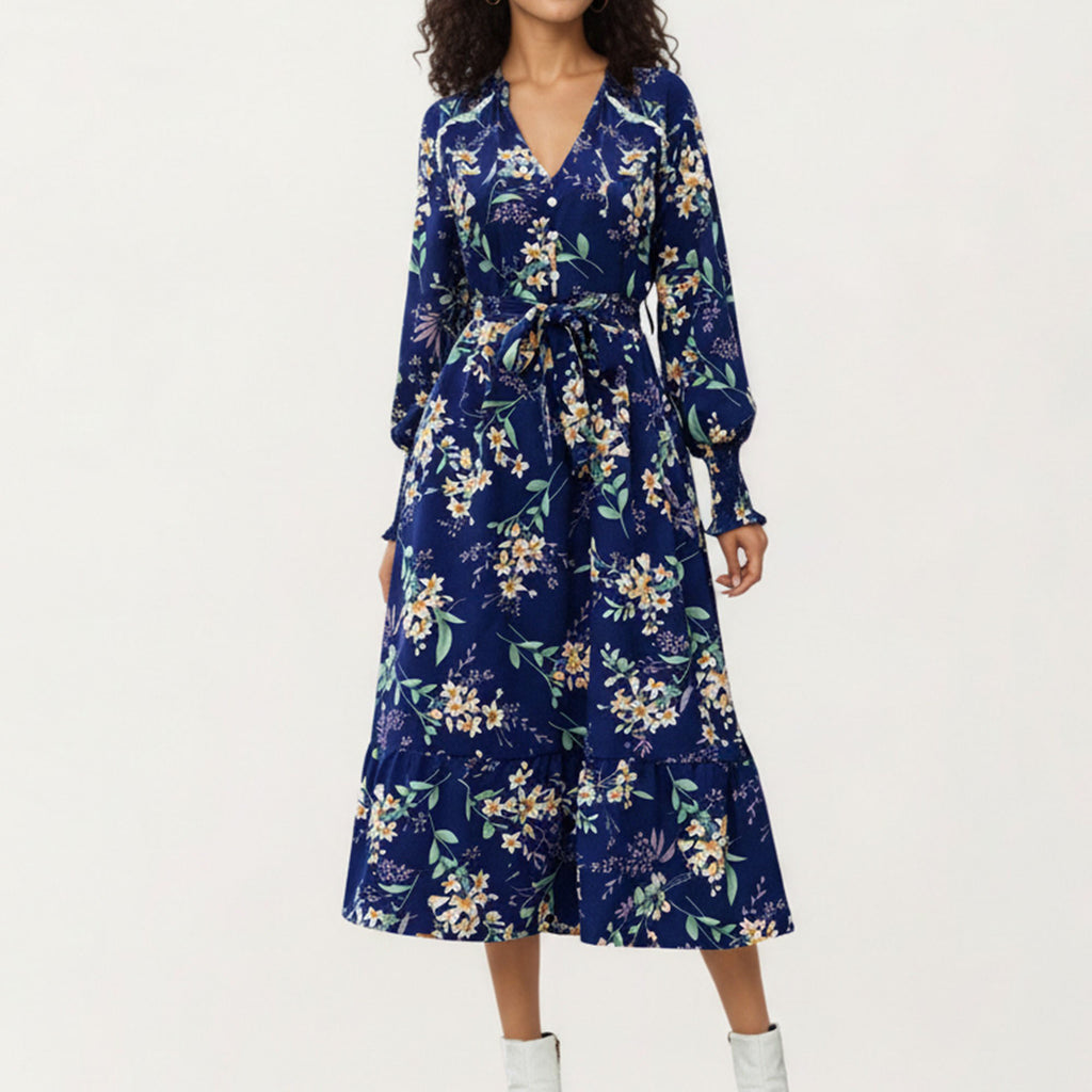 Anna-Kaci Women¡¯s Floral Print Dress with V-Neckline, Long Sleeves, and Waist Tie