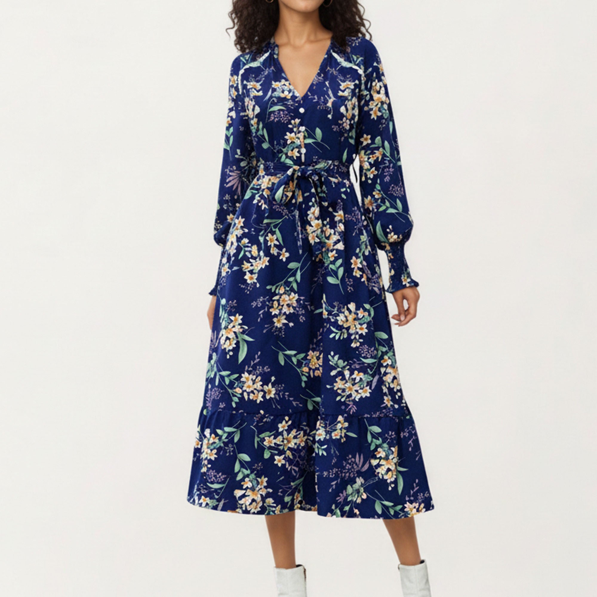 Anna-Kaci Women¡¯s Floral Print Dress with V-Neckline, Long Sleeves, and Waist Tie
