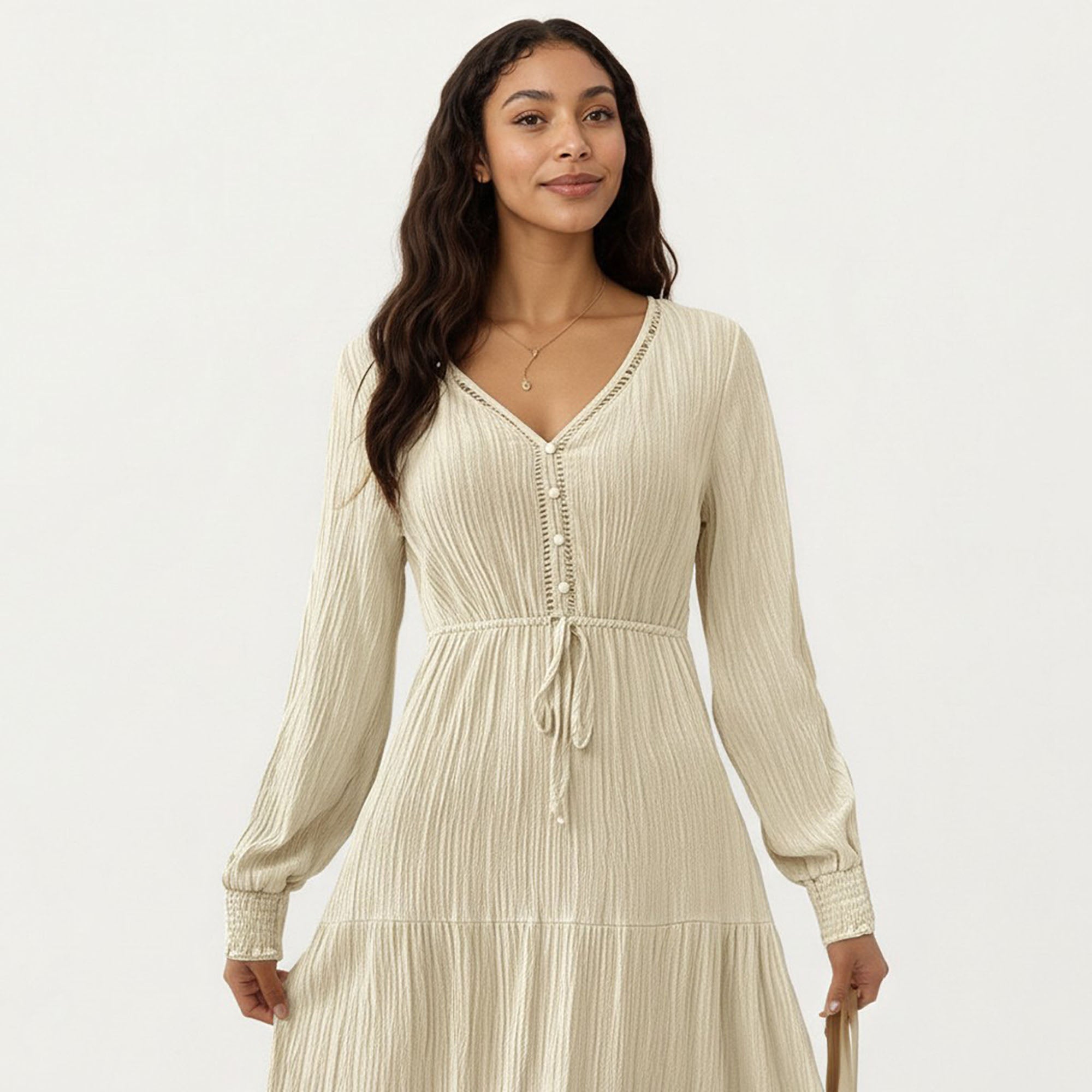 Anna-Kaci Women¡¯s Pleated V-Neck Dress with Long Sleeves and Waist Tie