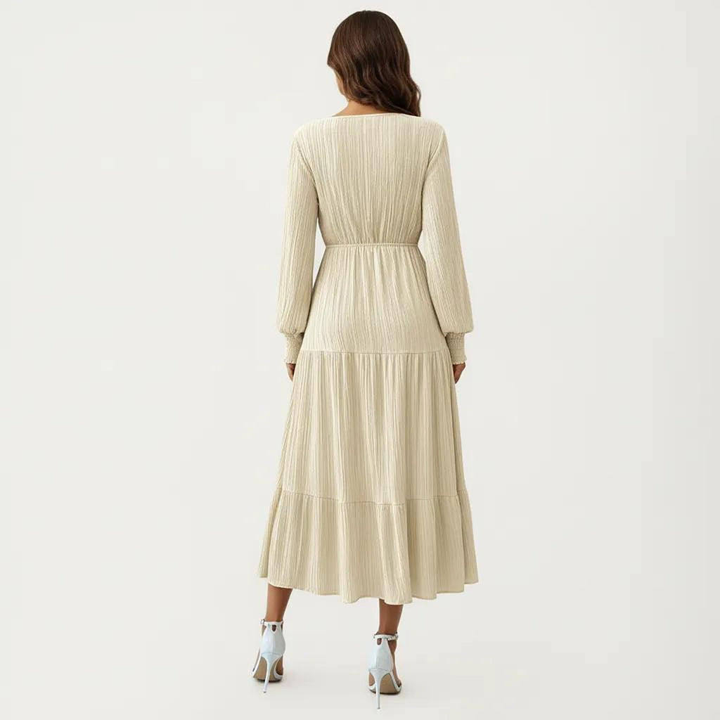 Anna-Kaci Women¡¯s Pleated V-Neck Dress with Long Sleeves and Waist Tie
