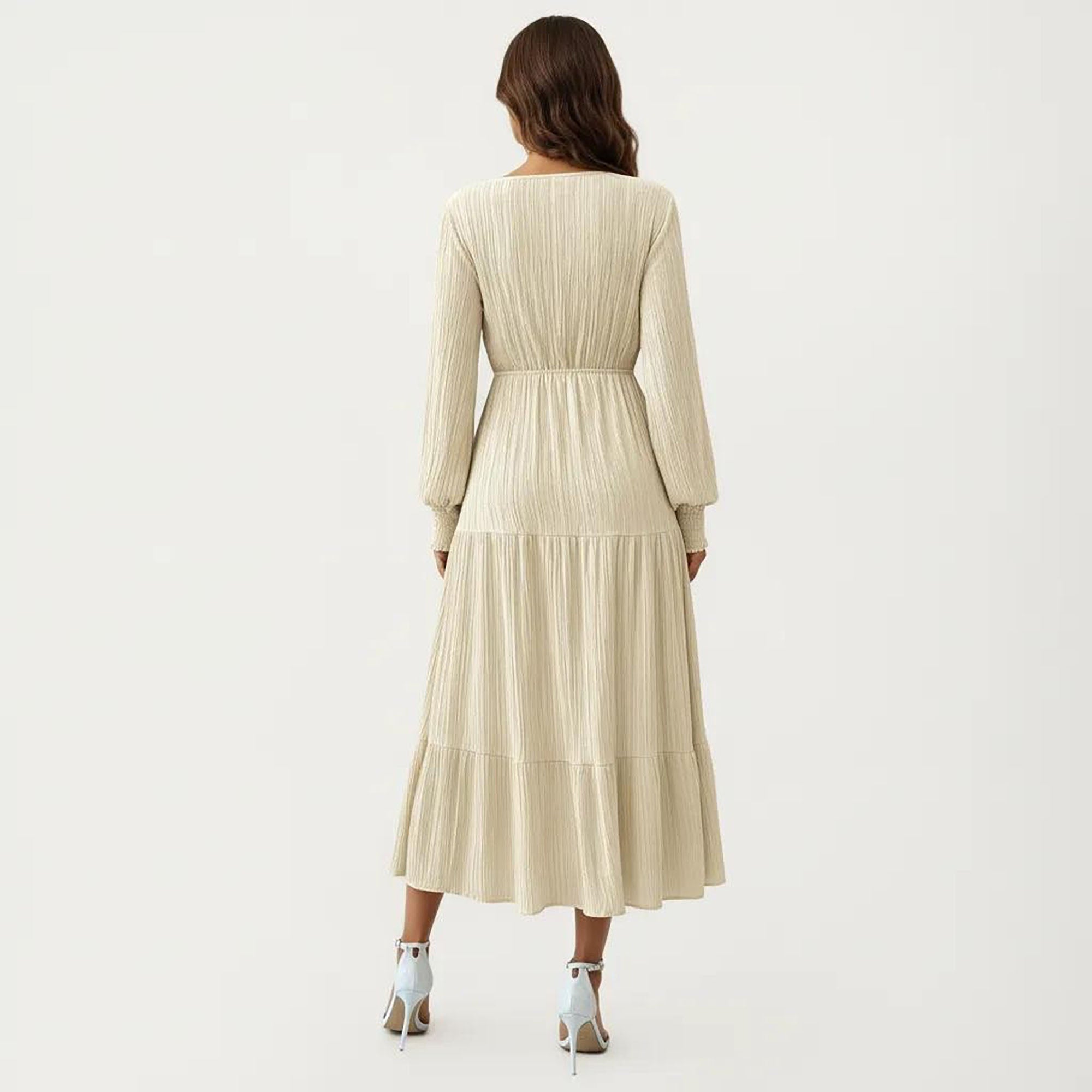 Anna-Kaci Women¡¯s Pleated V-Neck Dress with Long Sleeves and Waist Tie