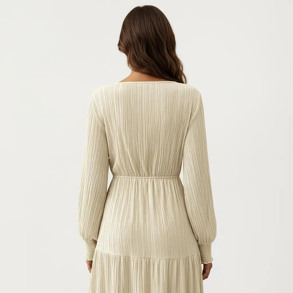 Anna-Kaci Women¡¯s Pleated V-Neck Dress with Long Sleeves and Waist Tie