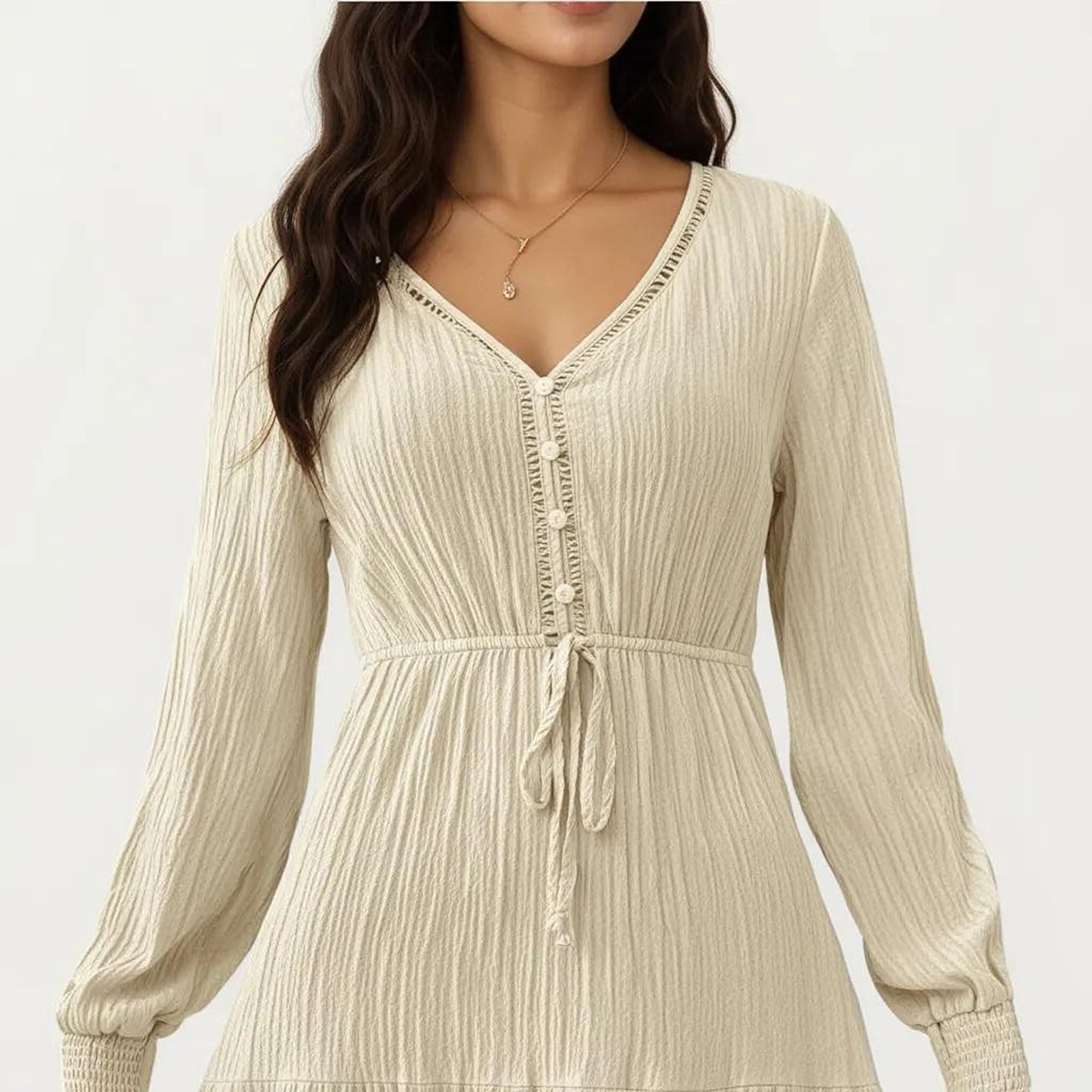 Anna-Kaci Women¡¯s Pleated V-Neck Dress with Long Sleeves and Waist Tie