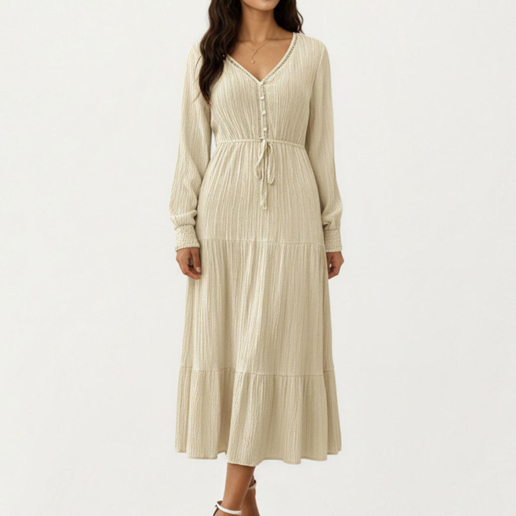 Anna-Kaci Women¡¯s Pleated V-Neck Dress with Long Sleeves and Waist Tie