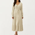 Anna-Kaci Women¡¯s Pleated V-Neck Dress with Long Sleeves and Waist Tie
