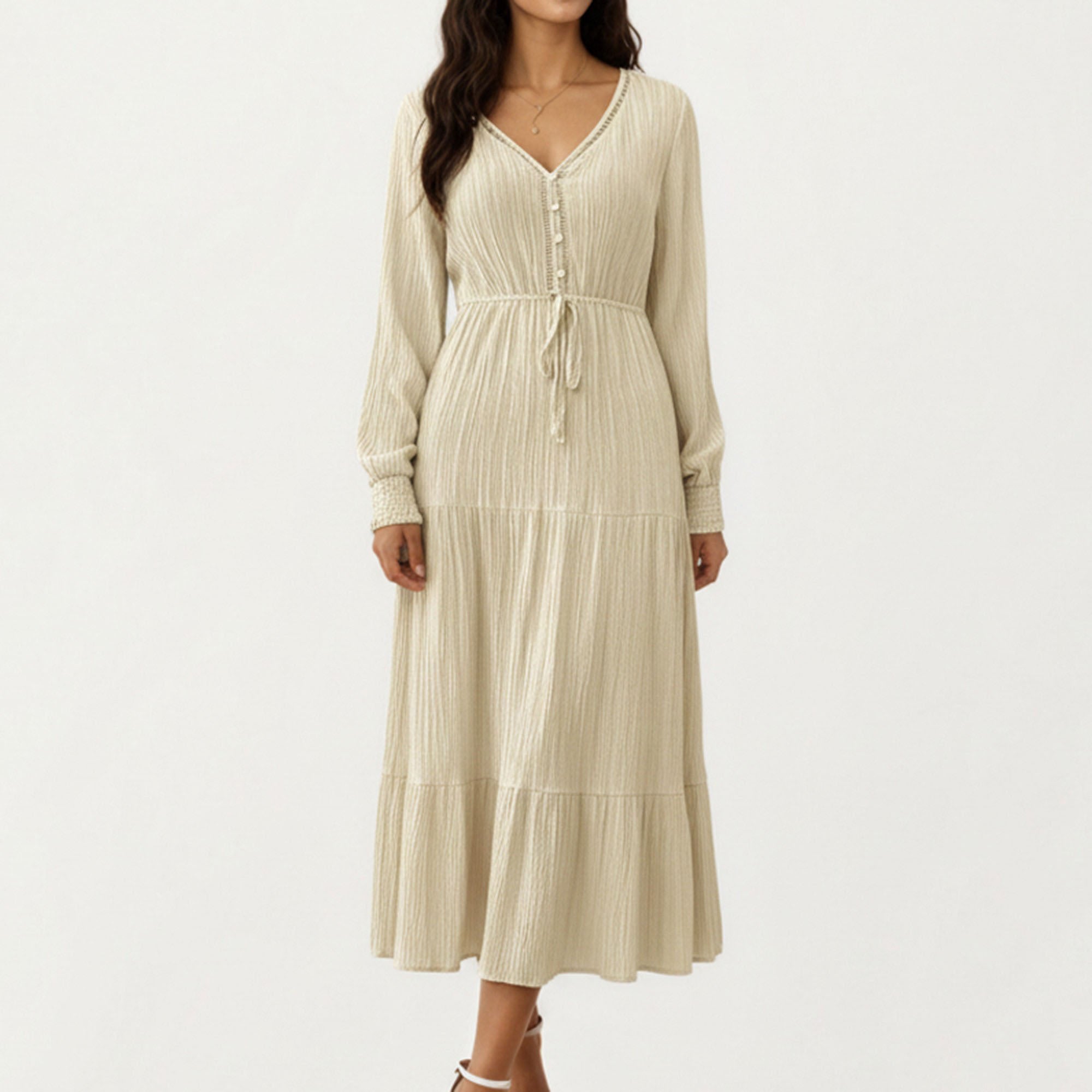 Anna-Kaci Women¡¯s Pleated V-Neck Dress with Long Sleeves and Waist Tie
