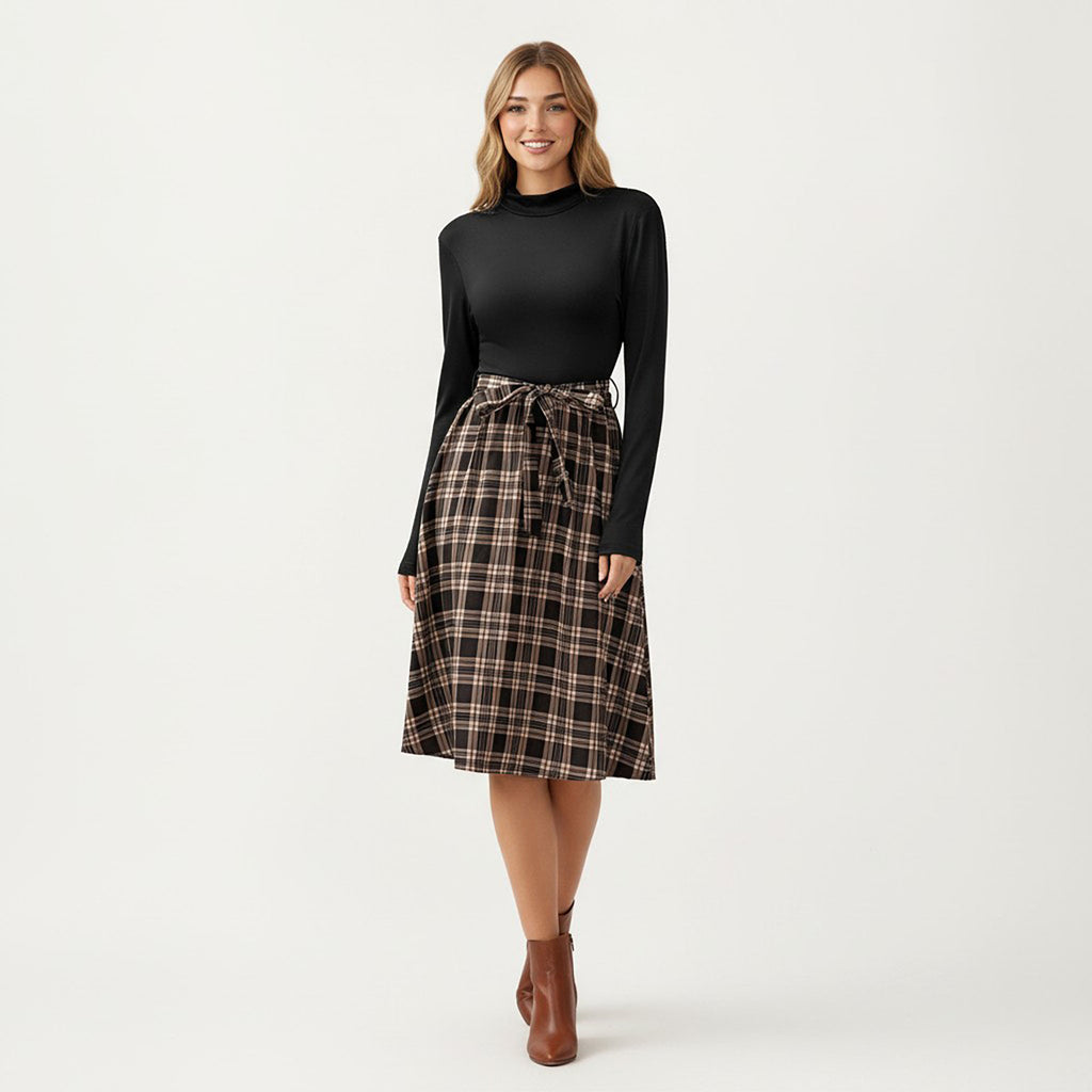 Anna-Kaci Women¡¯s Long Sleeve Turtleneck Plaid Dress with Waist Tie