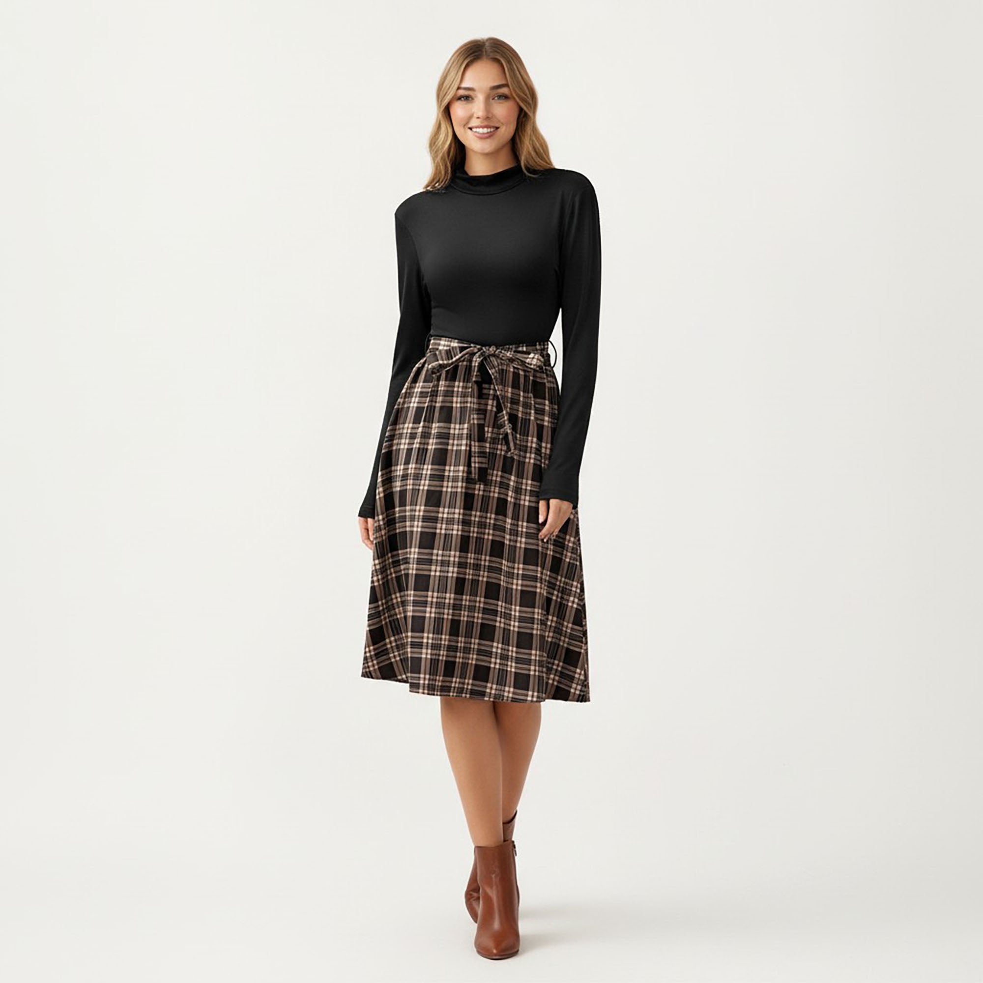 Anna-Kaci Women¡¯s Long Sleeve Turtleneck Plaid Dress with Waist Tie