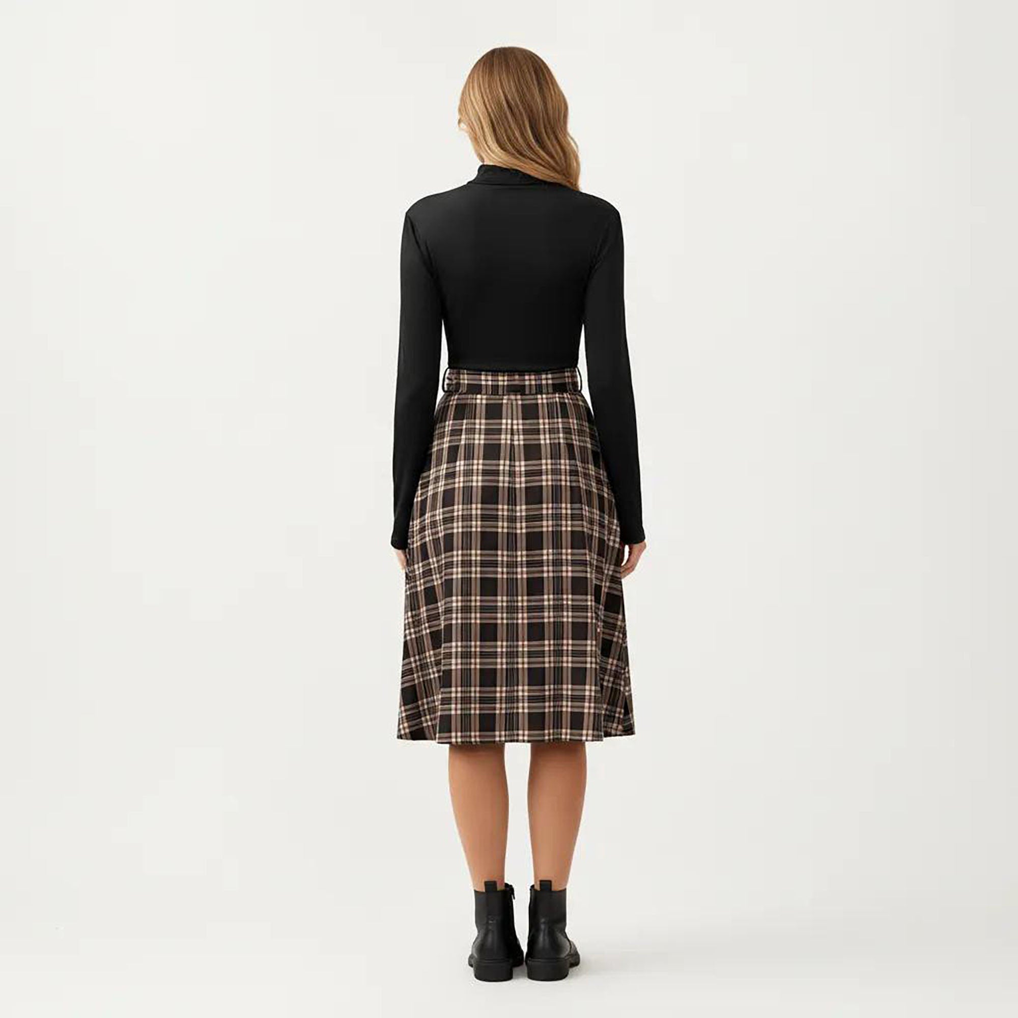 Anna-Kaci Women¡¯s Long Sleeve Turtleneck Plaid Dress with Waist Tie