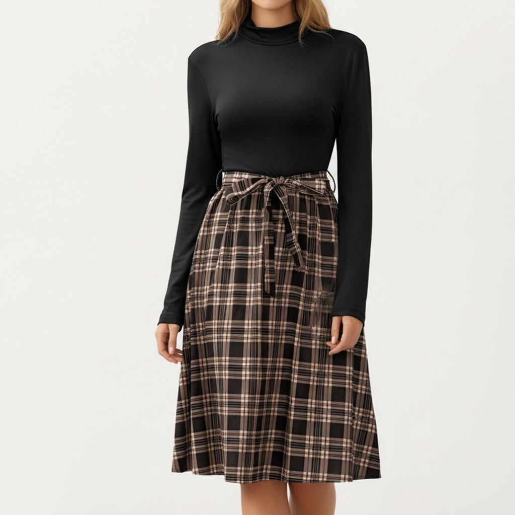Anna-Kaci Women¡¯s Long Sleeve Turtleneck Plaid Dress with Waist Tie
