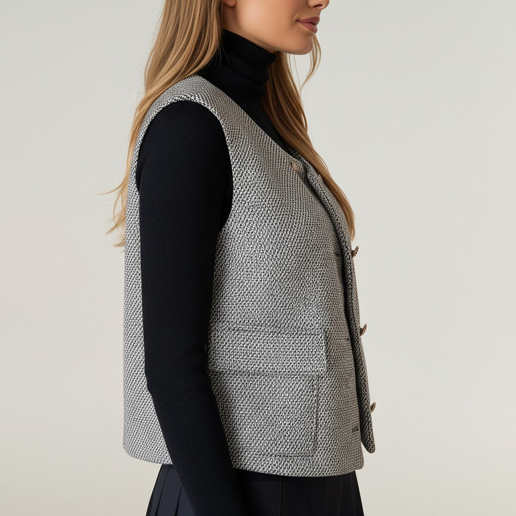 Anna-Kaci Women's Textured Button Front Vest Top with Asymmetrical Hemline