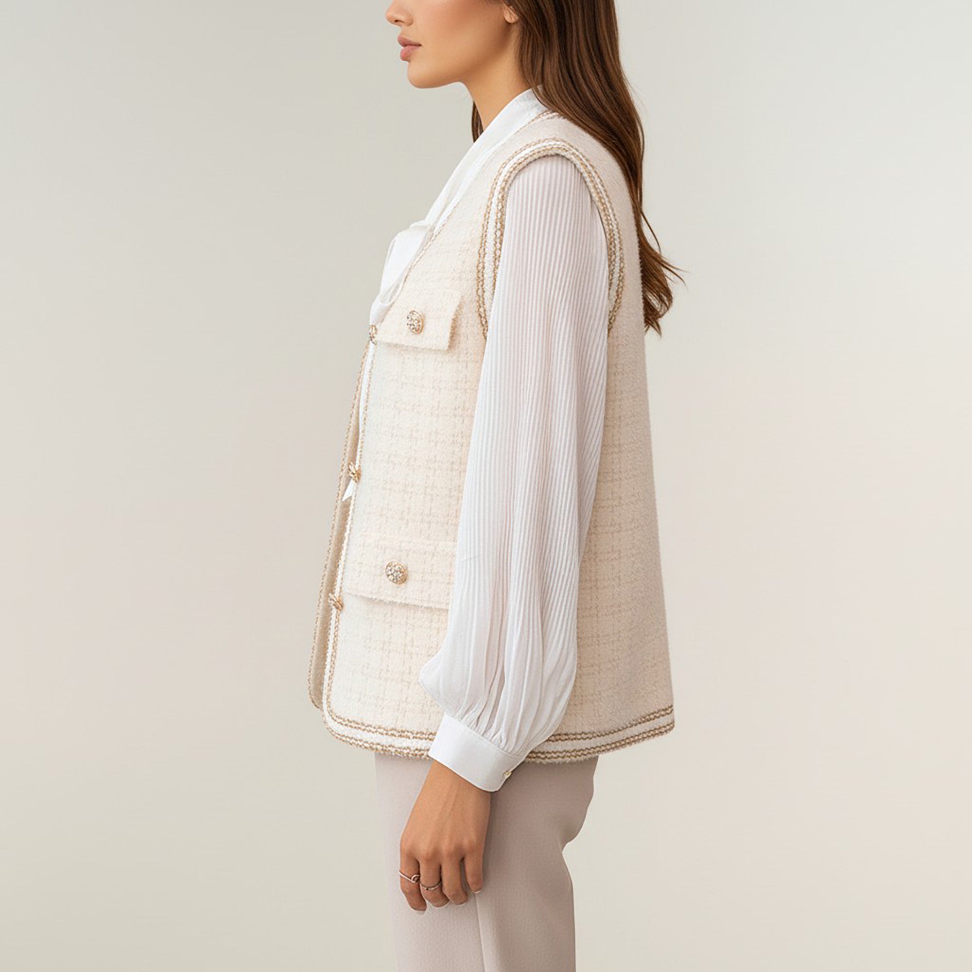 Anna-Kaci Women's Textured Button Front Vest with Decorative Trim and Patch Pockets