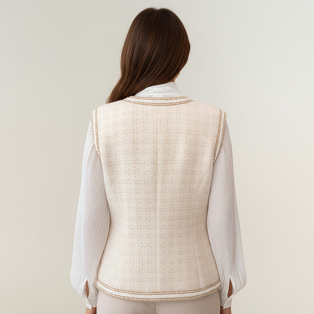 Anna-Kaci Women's Textured Button Front Vest with Decorative Trim and Patch Pockets