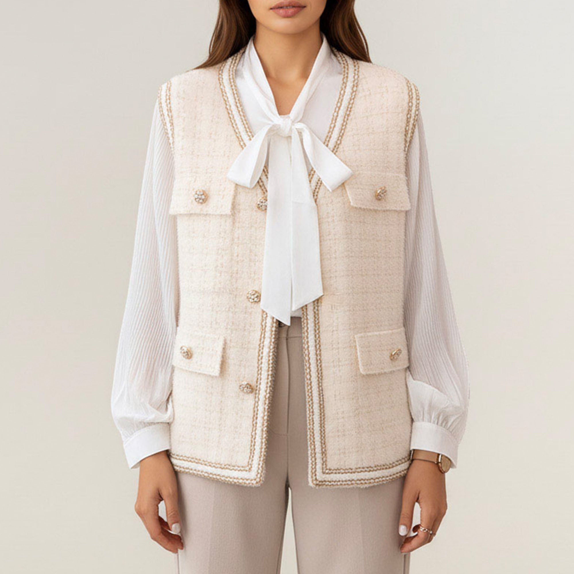 Anna-Kaci Women's Textured Button Front Vest with Decorative Trim and Patch Pockets