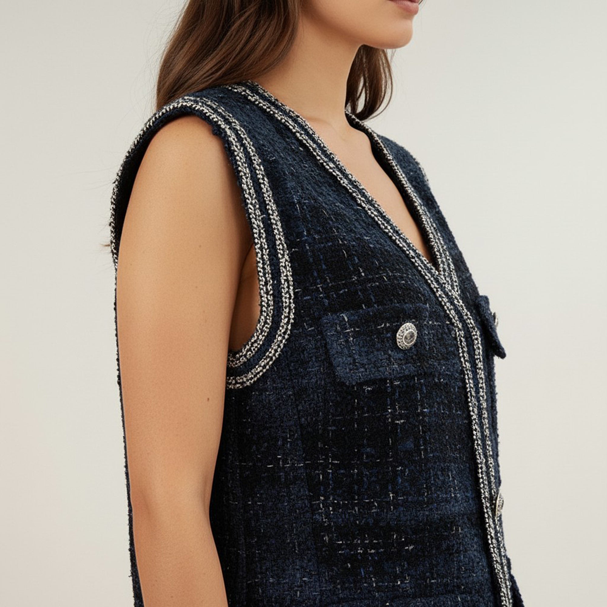Anna-Kaci Women's Textured Button Front Vest with Decorative Trim and Patch Pockets