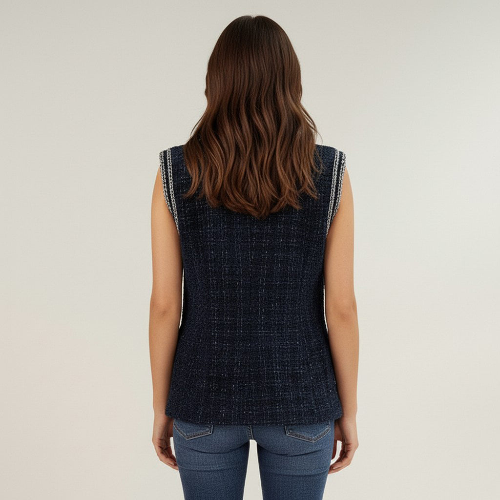 Anna-Kaci Women's Textured Button Front Vest with Decorative Trim and Patch Pockets