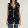 Anna-Kaci Women's Textured Button Front Vest with Decorative Trim and Patch Pockets