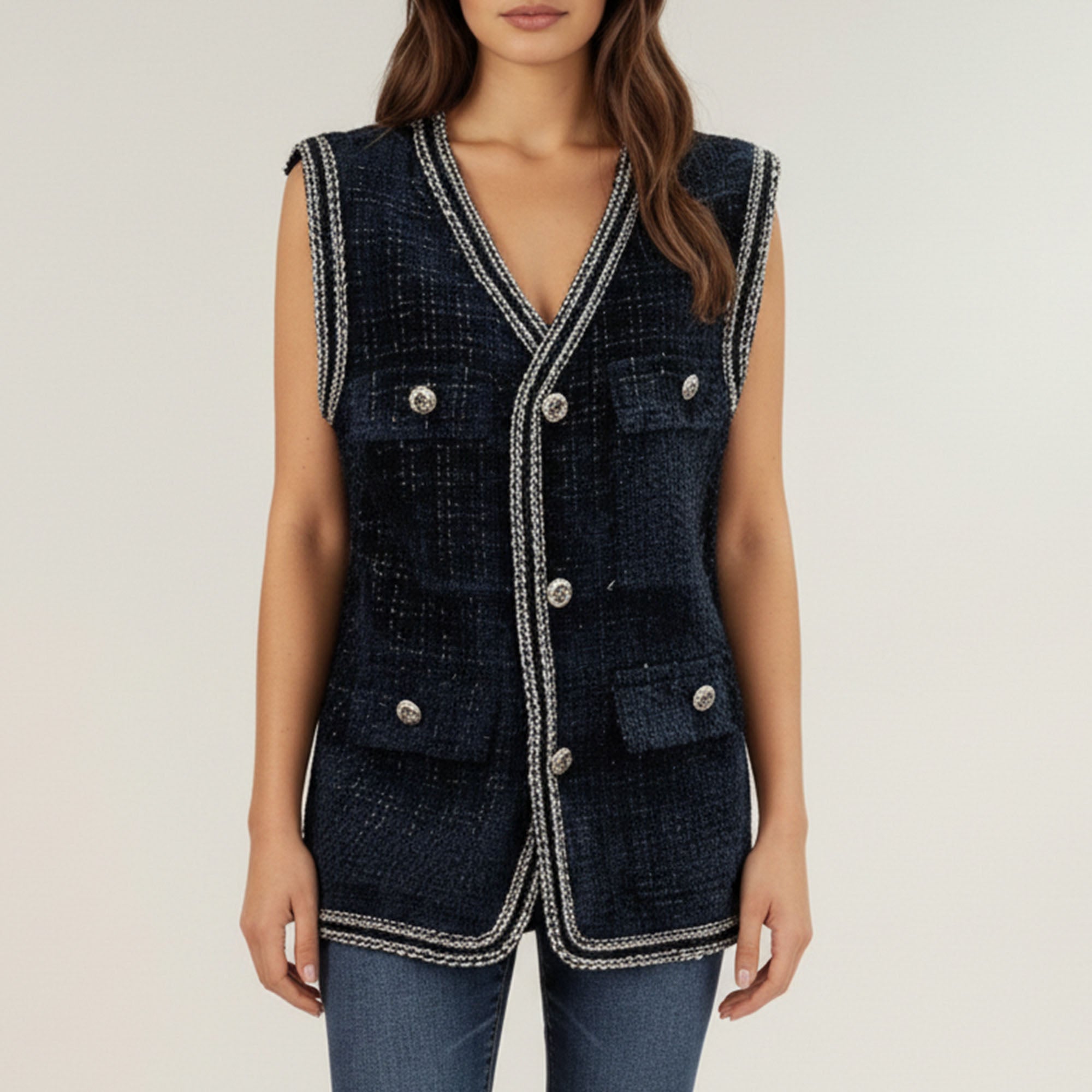 Anna-Kaci Women's Textured Button Front Vest with Decorative Trim and Patch Pockets