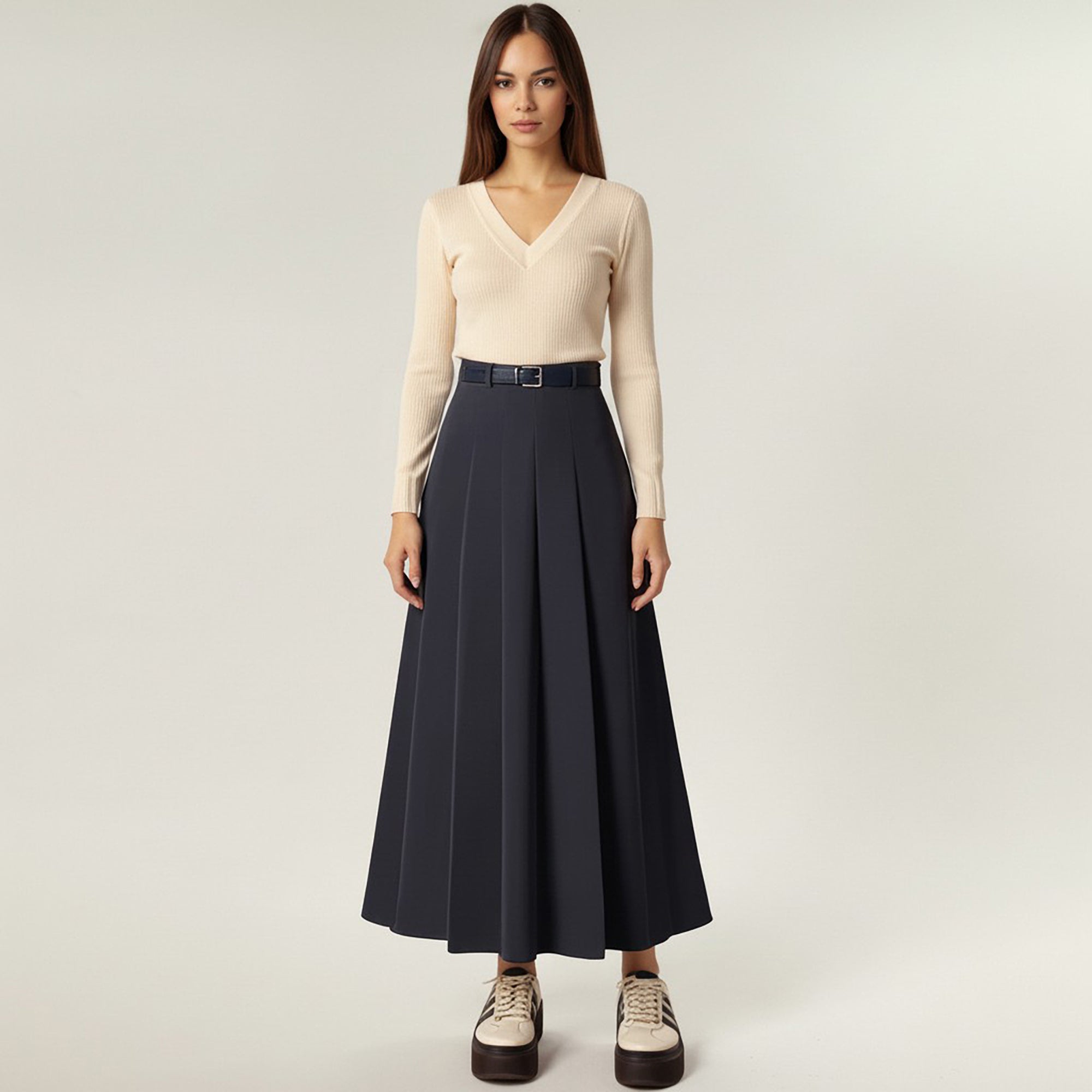 Anna-Kaci Women's High Waist Pleated Midi Skirt with Belted Waistband and Flowing A-Line Shape