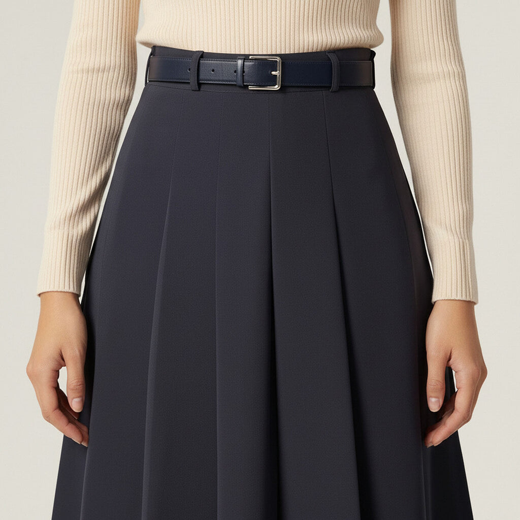 Anna-Kaci Women's High Waist Pleated Midi Skirt with Belted Waistband and Flowing A-Line Shape