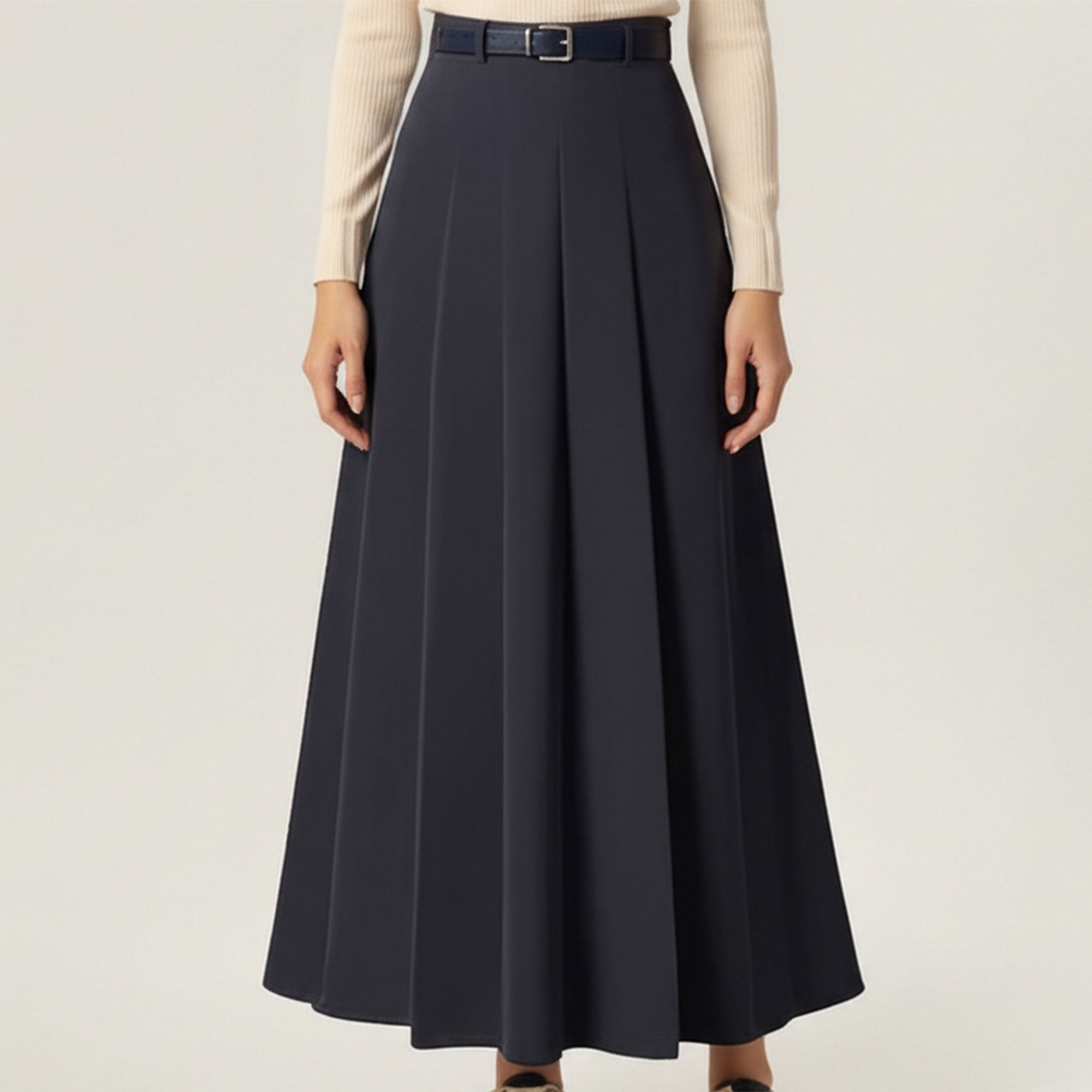 Anna-Kaci Women's High Waist Pleated Midi Skirt with Belted Waistband and Flowing A-Line Shape
