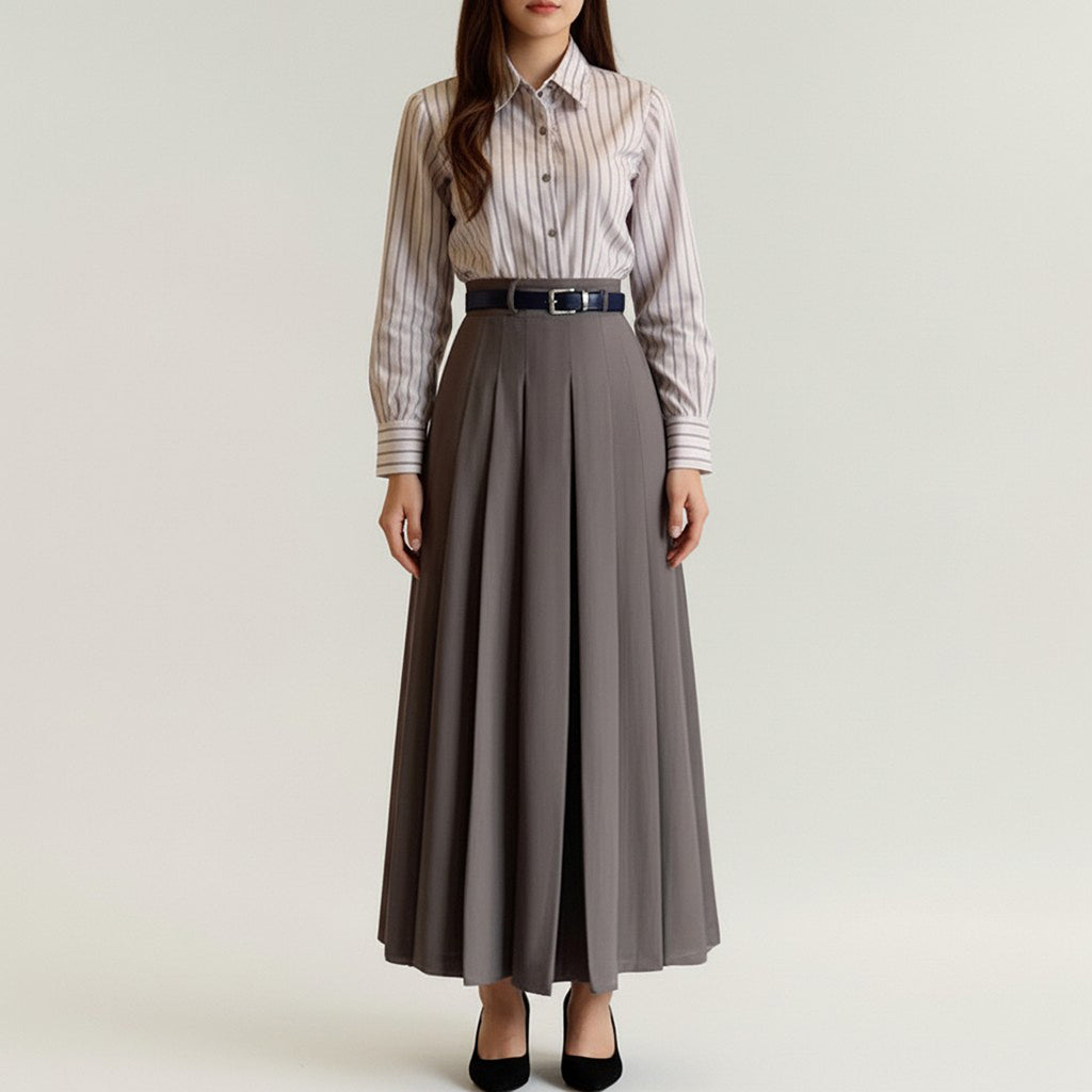 Anna-Kaci Women's High Waist Pleated Midi Skirt with Belted Waistband and Flowing A-Line Shape