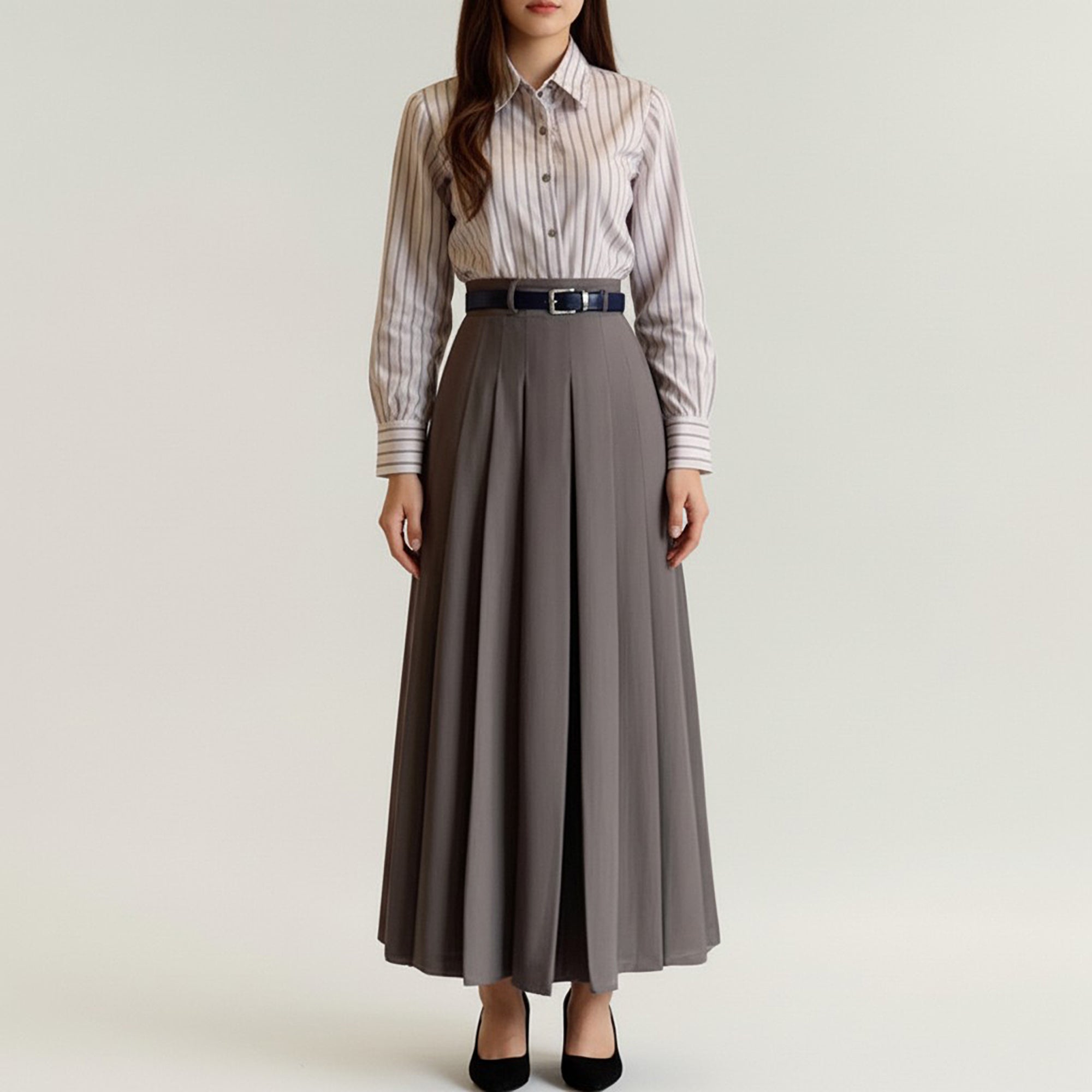 Anna-Kaci Women's High Waist Pleated Midi Skirt with Belted Waistband and Flowing A-Line Shape