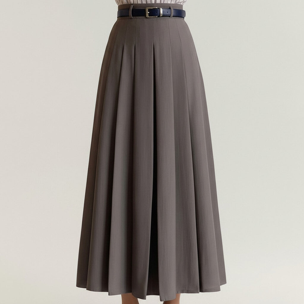 Anna-Kaci Women's High Waist Pleated Midi Skirt with Belted Waistband and Flowing A-Line Shape
