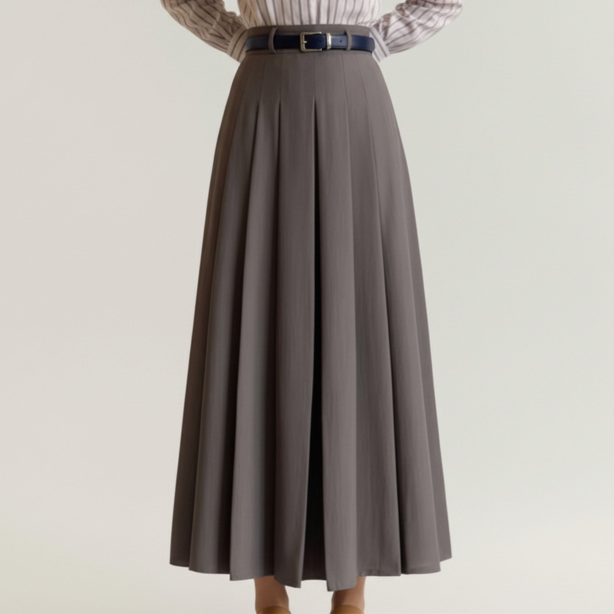 Anna-Kaci Women's High Waist Pleated Midi Skirt with Belted Waistband and Flowing A-Line Shape