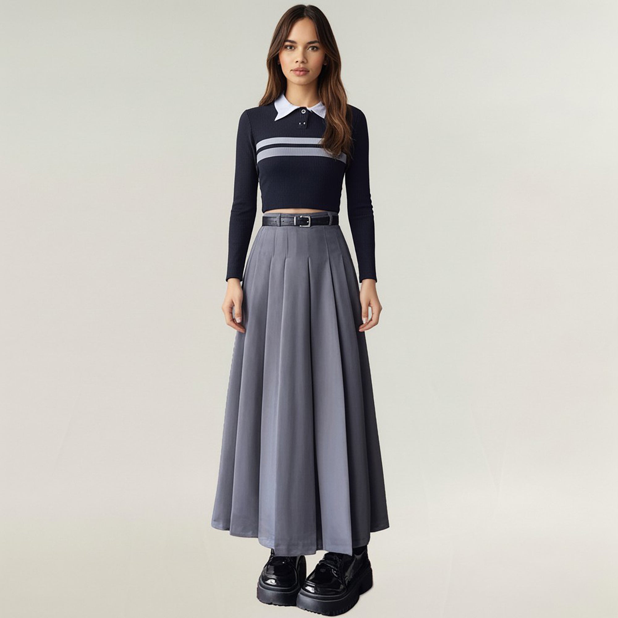 Anna-Kaci Women's High Waist Pleated Midi Skirt with Belted Waistband and Flowing A-Line Shape