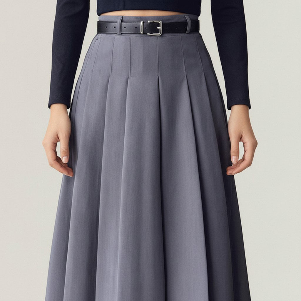 Anna-Kaci Women's High Waist Pleated Midi Skirt with Belted Waistband and Flowing A-Line Shape