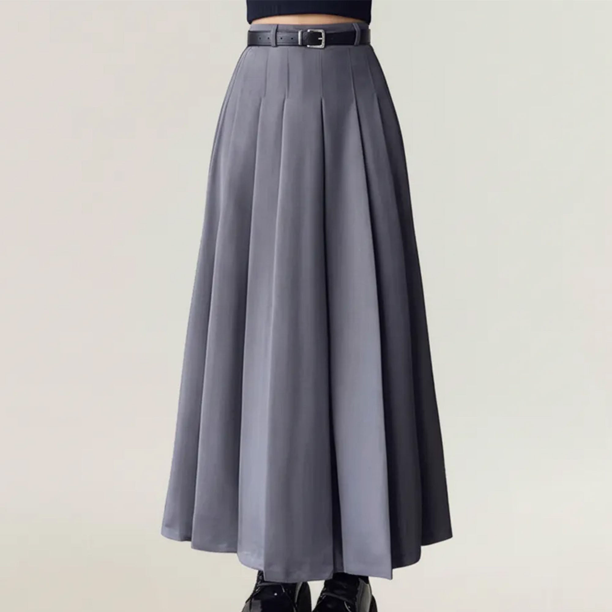 Anna-Kaci Women's High Waist Pleated Midi Skirt with Belted Waistband and Flowing A-Line Shape