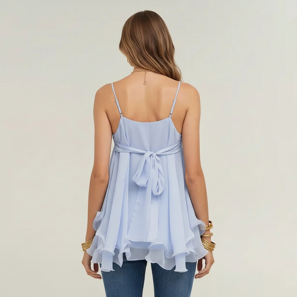 Anna-Kaci Women's V Neck Chiffon Cami Top with Adjustable Straps and Layered Ruffle Hem
