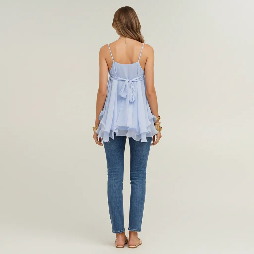 Anna-Kaci Women's V Neck Chiffon Cami Top with Adjustable Straps and Layered Ruffle Hem